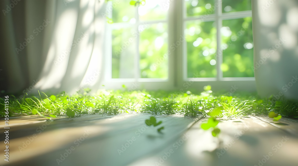 Green Grass and Sunlight Through Window - 3D Illustration