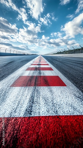 Obraz na płótnie A straight asphalt race track with red and white stripes leading towards the horizon under a blue sky with white clouds. w salonie