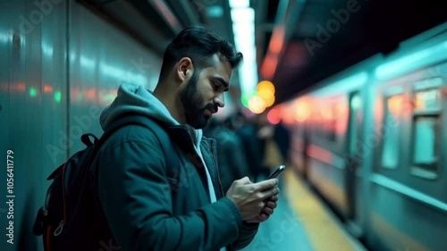 Man Using Smartphone in Subway Station

 photo