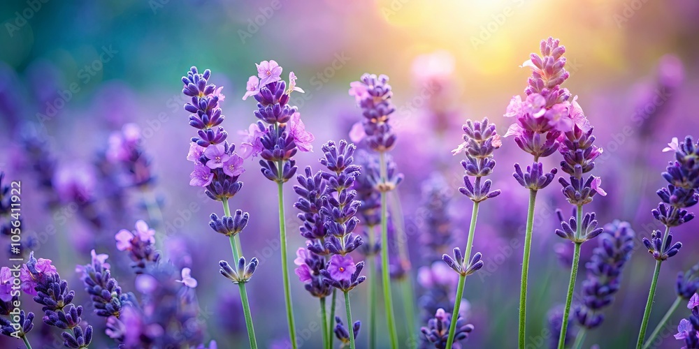 A field of lavender blooms bathed in the golden light of the setting sun, with delicate purple petals and vibrant green stems creating a stunning natural tapestry. A field of lavender blooms bathed in the golden light of the setting sun, with delicate purple petals and vibrant green stems creating a stunning natural tapestry.