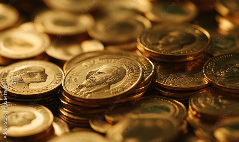 Close up of gold coins, symbolizing wealth and prosperity Close up of gold coins, symbolizing wealth and prosperity
