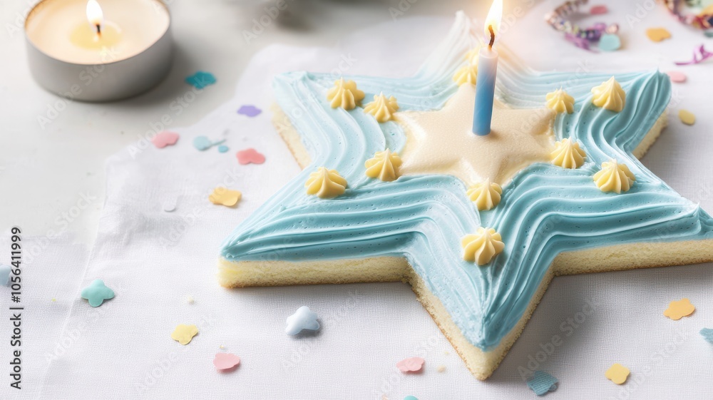 A beautifully decorated star-shaped cake with blue icing, topped with yellow accents and a candle for celebration. A beautifully decorated star-shaped cake with blue icing, topped with yellow accents and a candle for celebration.