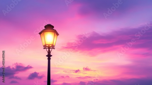 A beautiful street lamp illuminates the sky, casting a warm glow against a stunning purple sunset backdrop.