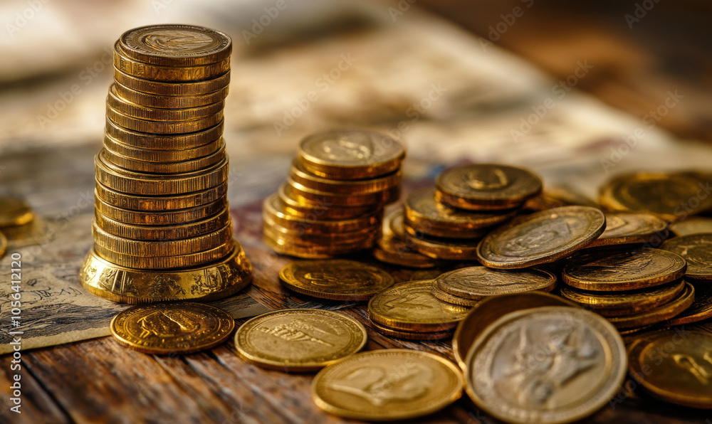 tall stack of golden coins on wooden table, with other smaller stacks and scattered coins around it. coins represent wealth and success tall stack of golden coins on wooden table, with other smaller stacks and scattered coins around it. coins represent wealth and success