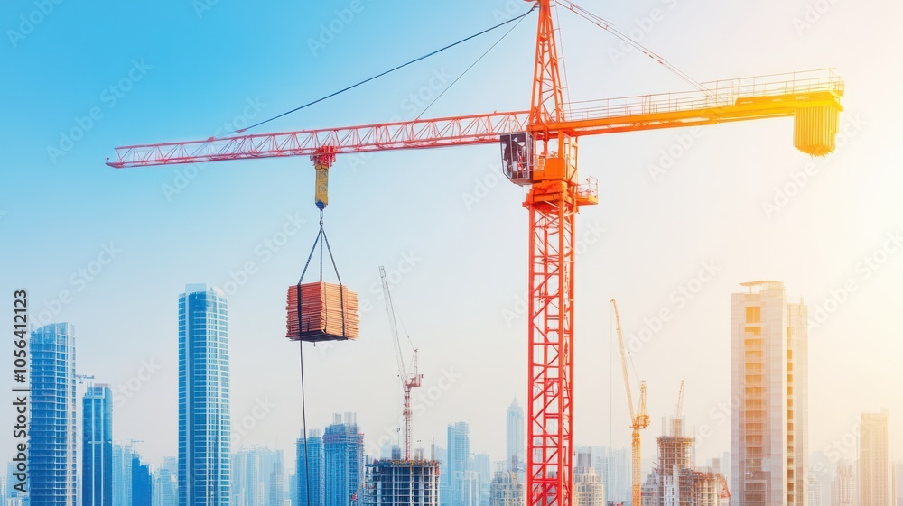 A bright construction scene featuring a red crane lifting a load against a backdrop of modern skyscrapers and clear skies. A bright construction scene featuring a red crane lifting a load against a backdrop of modern skyscrapers and clear skies.