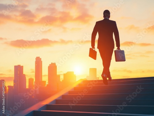 A businessman walks towards a vibrant sunset, symbolizing ambition, success, and the pursuit of goals in a cityscape.