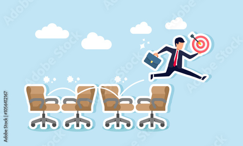 A businessman is jumping over a series of office chairs while holding a target board, illustrating a step-by-step approach to achieving business goals for improvement and growth