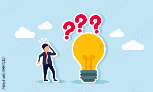 A businessman looks confused by a lit lamp with a question mark above it, illustrating uncertainty about using the right and relevant innovation and idea for business