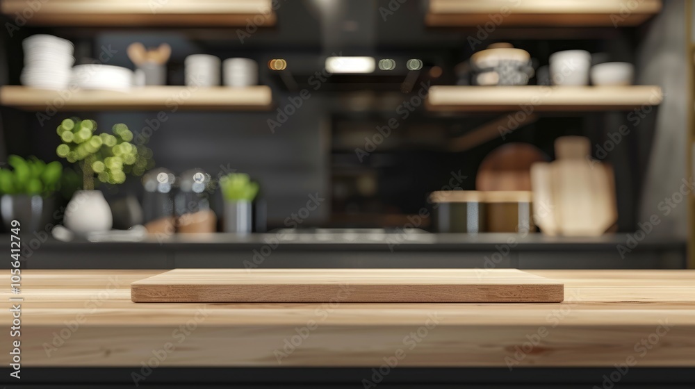 Blurred contemporary kitchen surface and wooden stand for showcasing products Blurred contemporary kitchen surface and wooden stand for showcasing products