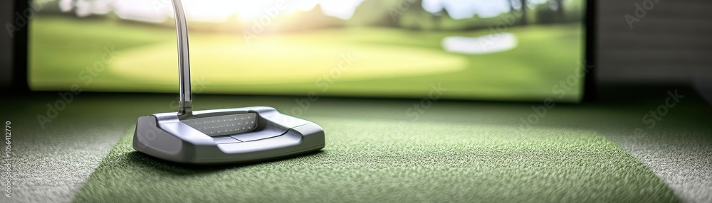 A close-up view of a golf putter on a green mat, perfect for indoor practice with a virtual backdrop of a golf course. A close-up view of a golf putter on a green mat, perfect for indoor practice with a virtual backdrop of a golf course.