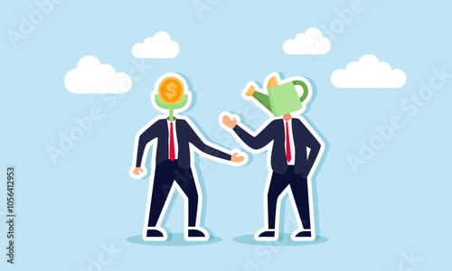 Two businessmen, one with a dollar coin plant head and the other with a watering can head, are talking, illustrating a discussion on investment strategy and businesses opportunities