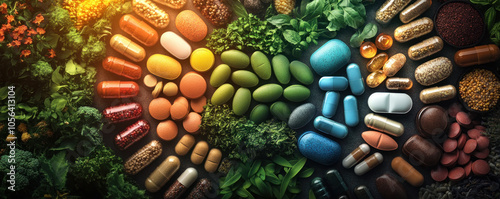 A colorful assortment of pills and herbs are arranged in a spiral pattern. Concept of abundance and variety, with each pill and herb representing a different aspect of health and wellness