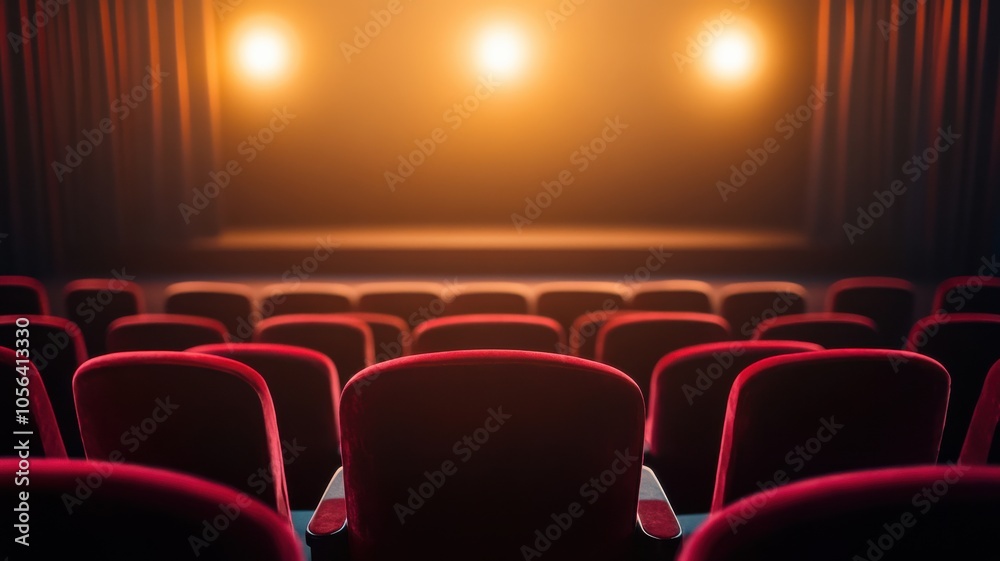 Fototapeta premium A cozy theater interior showcasing plush red seats and warm stage lights, inviting viewers for an unforgettable performance.