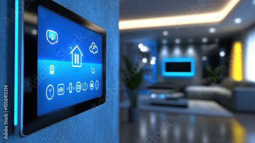 A smart home display shows a house with a blue sky and a house icon. The room is decorated with a couch, a table, and a potted plant. The room has a modern and comfortable atmosphere