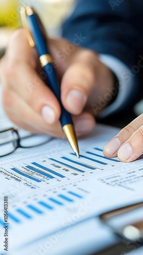 Wallpaper Mural A person is writing with a pen on a piece of paper. The paper has a lot of numbers and graphs on it. The person is wearing glasses and seems to be focused on the task at hand Torontodigital.ca