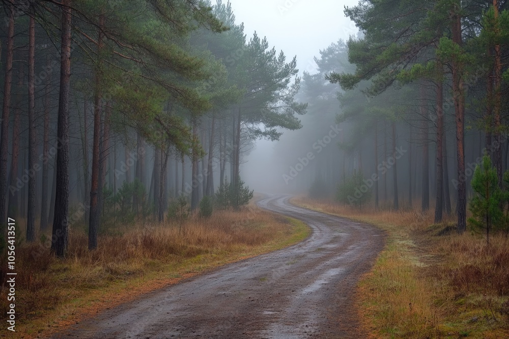Obraz premium Morning fog on a forest road, pine trees barely visible, serene and mystical
