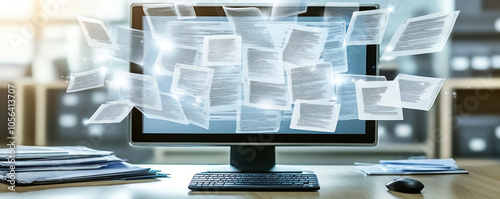 A computer monitor shows a bunch of paper flying around. Concept of chaos and disorganization, as if someone has been frantically trying to sort through a pile of documents
