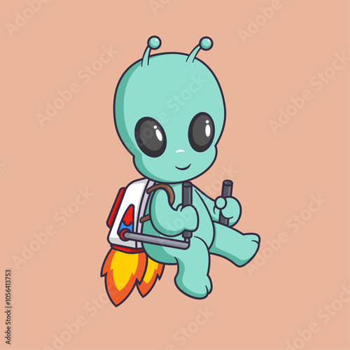 Cute alien Flying With jetpack Cartoon Vector Icon Illustration.
