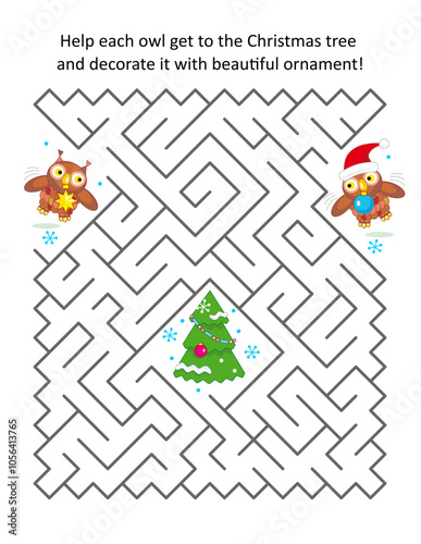 Winter holidays maze game. Help each owl find way to Christmas tree and bring beautiful ornaments to decorate it.

