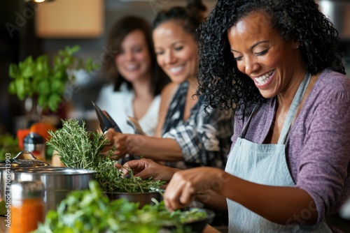 Middle-aged friends in a cooking class, chopping herbs and spices to add flavor to their dishes photo