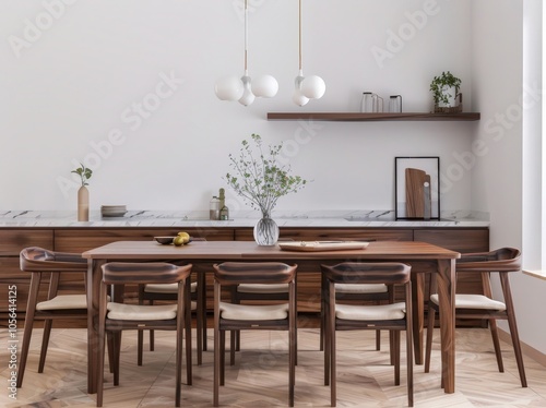 A modern dining room with a wooden table and chairs. a marble countertop. and a shelf with plants and decor