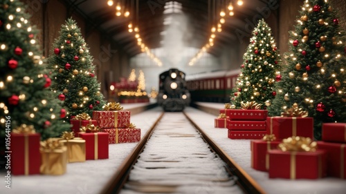 A festive train station adorned with Christmas trees  gifts  and a vintage train  creating a warm holiday atmosphere.