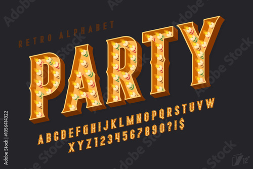 Retro party alphabet design, cabaret, fairy candles letters and numbers.