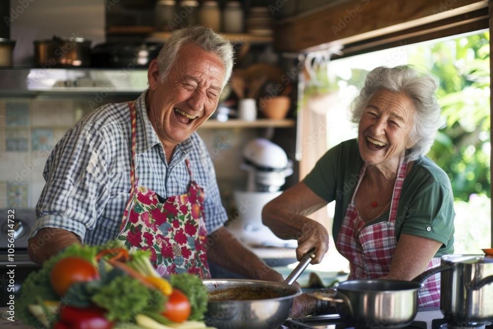 Senior couple sharing a laugh while cooking together, their happiness in retirement evident in their joyful expressions Senior couple sharing a laugh while cooking together, their happiness in retirement evident in their joyful expressions