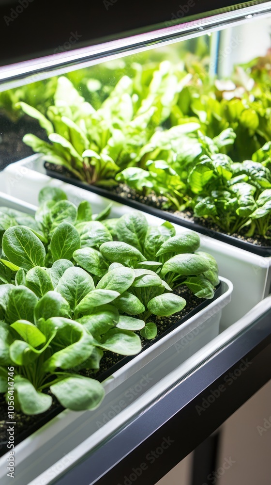 Fresh green plants growing in trays, showcasing indoor gardening and hydroponics.