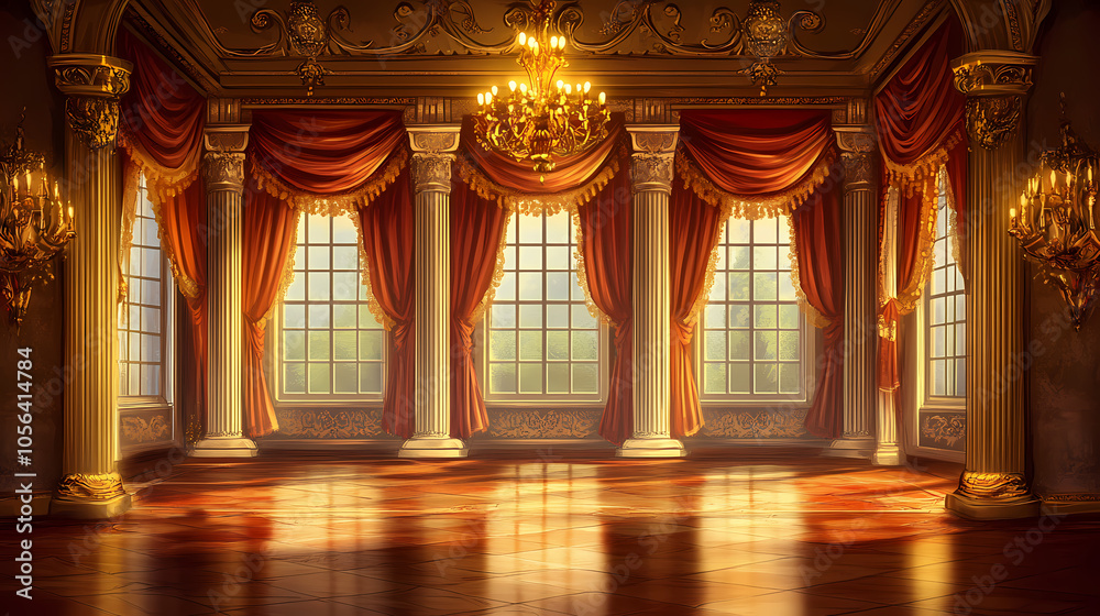 Obraz premium The cartoon illustration shows a palace room, a royal castle ballroom with windows, drapes, columns, and gold chandeliers. Medieval Banquet Hall. Illustration