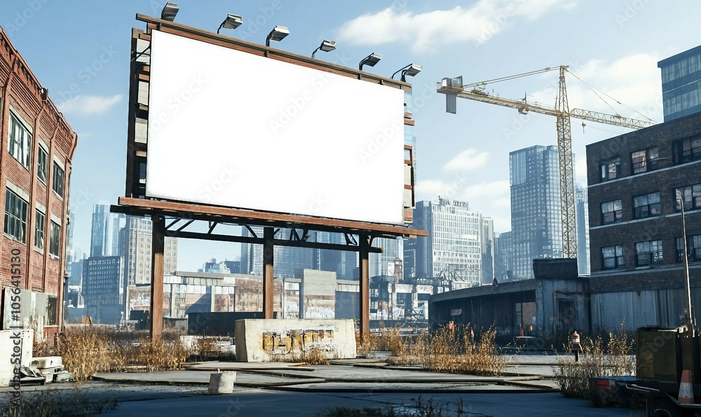 Spacious Blank Billboard Mockup on Industrial Building, Framed by Construction Cranes and Open for Creative Branding  