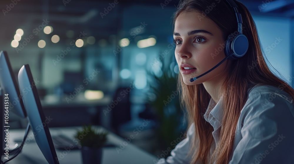 High-resolution photorealistic image of a woman in customer service, engaged in her work while wearing a headset The sleek office, professional color grading, and sharp 32k resolution enhance the High-resolution photorealistic image of a woman in customer service, engaged in her work while wearing a headset The sleek office, professional color grading, and sharp 32k resolution enhance the