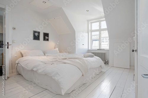 Bright and cozy white bedroom with a minimalist aesthetic