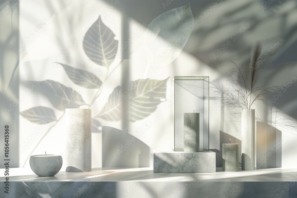 Modern product display featuring leaf shadows and clean lines Modern product display featuring leaf shadows and clean lines