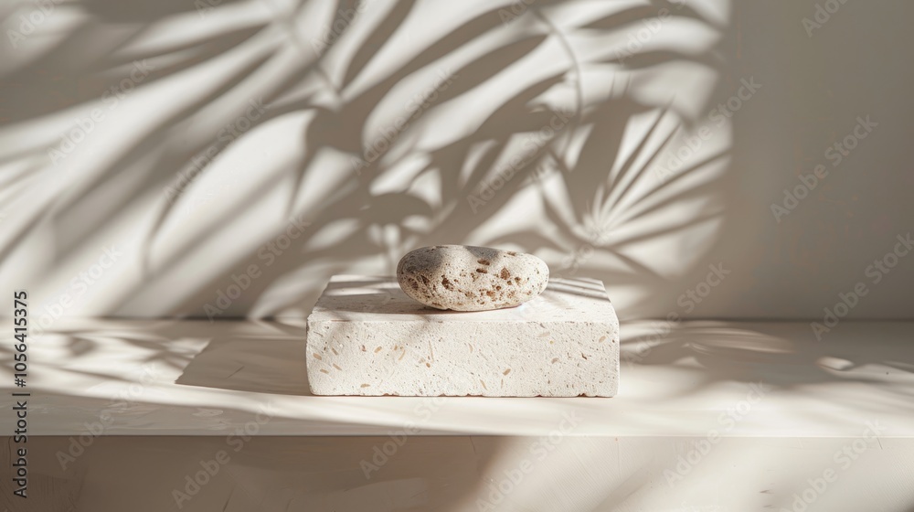 Minimal product display with a stone, focus on leaf shadows, and simplicity Minimal product display with a stone, focus on leaf shadows, and simplicity