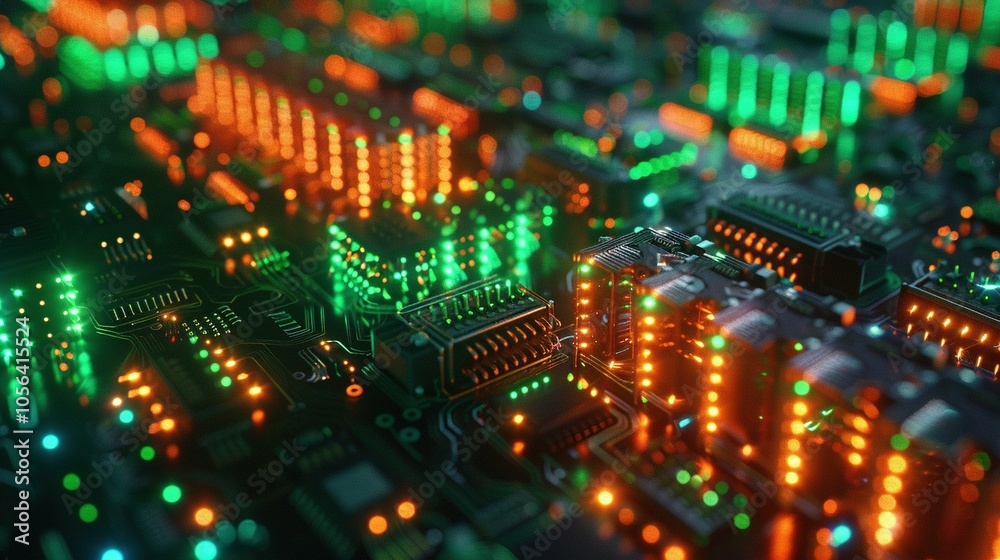 Obraz premium Dynamic Server Architecture: 3D Render of Circuit Board with Colorful Background and Code Processing
