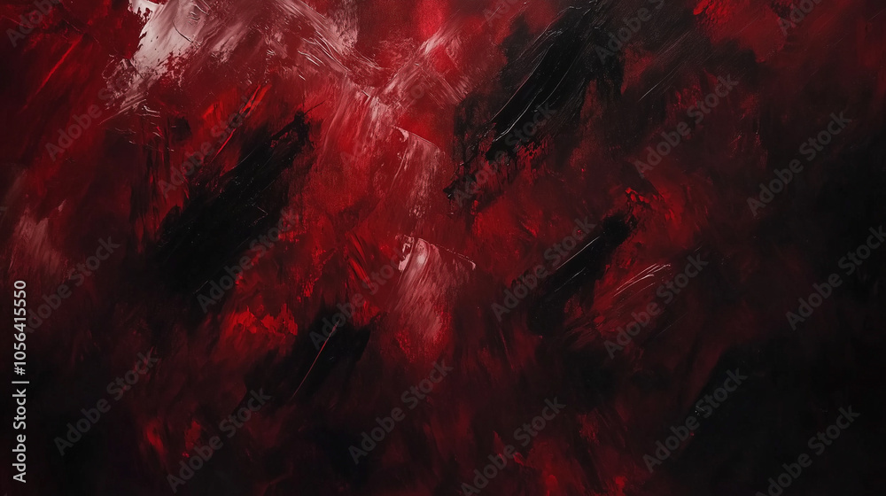 Fototapeta premium An abstract oil painting background with bold, rough brushstrokes in dark red and black, creating a mysterious and haunting atmosphere.