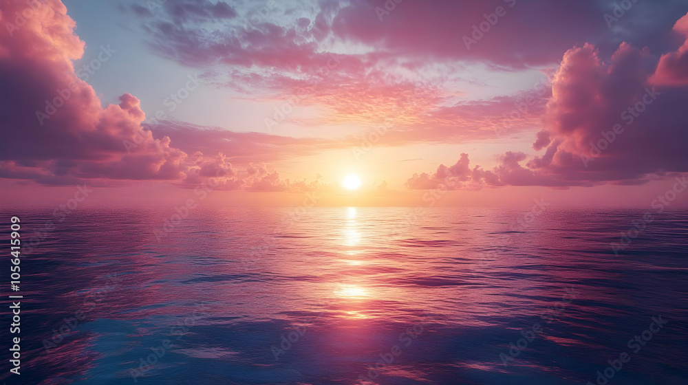 Fototapeta premium Pink Sunset Over Ocean - 3D Illustration