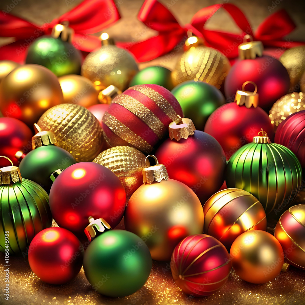 Christmas gold red green bulbs with ribbon on red Christmas gold red green bulbs with ribbon on red