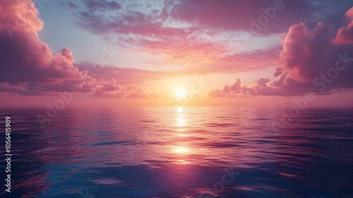 Pink Sunset Over Ocean - 3D Illustration