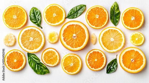 A flat lay composition of orange slices and leaves on a white background.