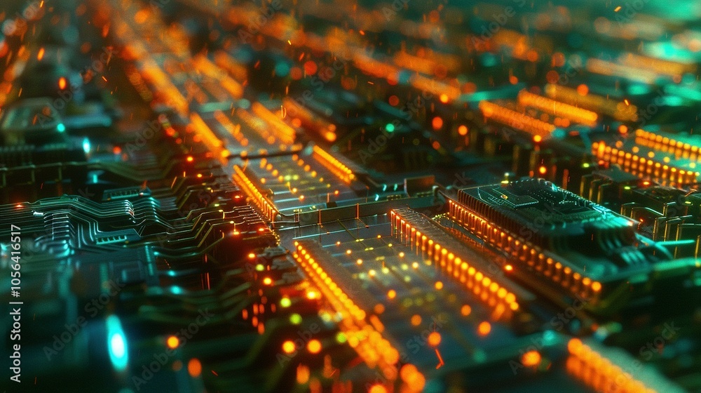 Obraz premium Tech Innovation Showcase: 3D Circuit Board Server with Bright Colors and Abstract Code Background