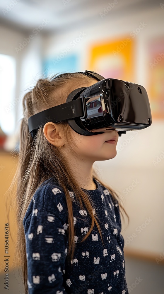 A young girl with long brown hair wearing a virtual reality headset, looking to the side with a curious expression. A young girl with long brown hair wearing a virtual reality headset, looking to the side with a curious expression.