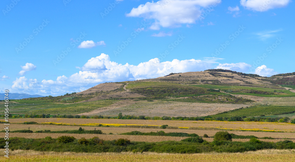 Vibrant green hills and golden fields under a bright blue sky in a tranquil countryside landscape Vibrant green hills and golden fields under a bright blue sky in a tranquil countryside landscape