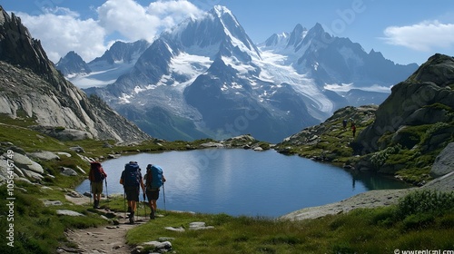 Amazing view on Monte Bianco mountains range with tourist on a foreground. Lac de Cheserys lake, Chamonix, Graian Alps. Landscape photography. 