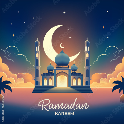 Colorful Ramadan Kareem illustration with a Mosque and Crescent Moon