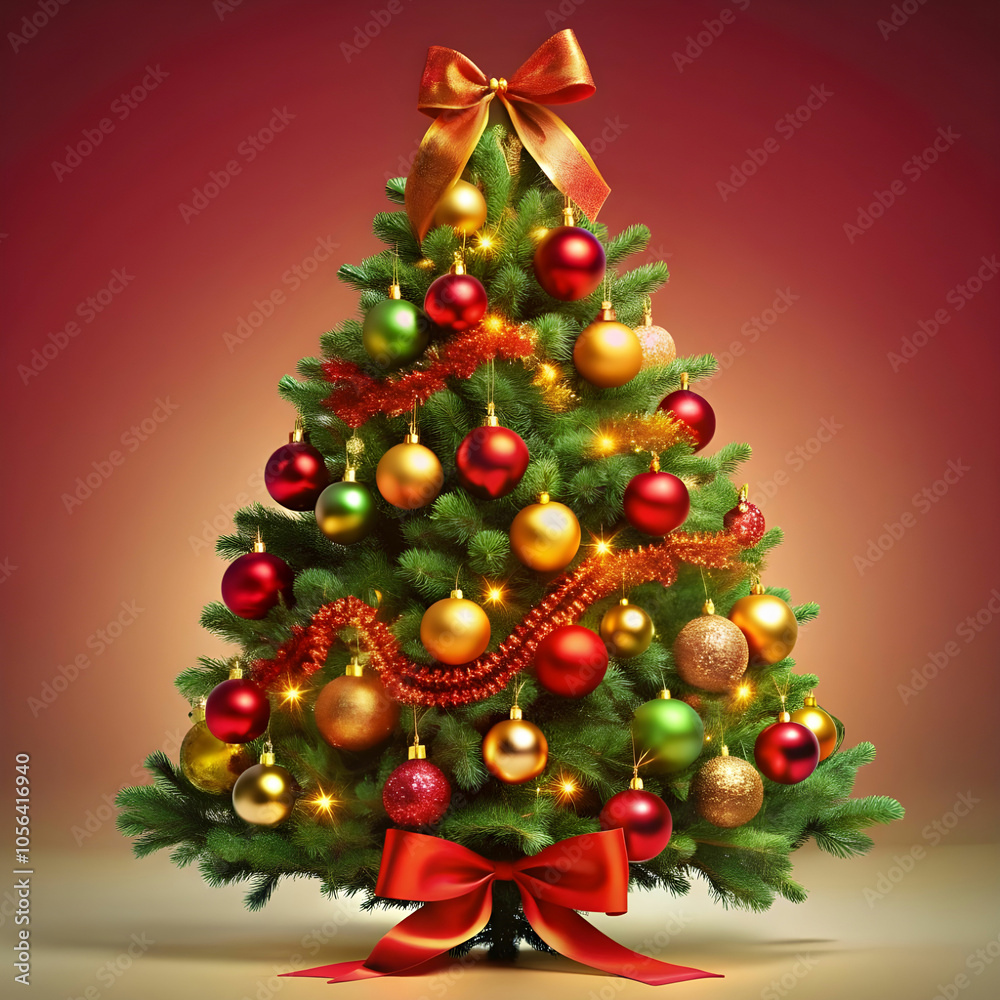 Christmas gold red green bulbs with ribbon on red Christmas gold red green bulbs with ribbon on red