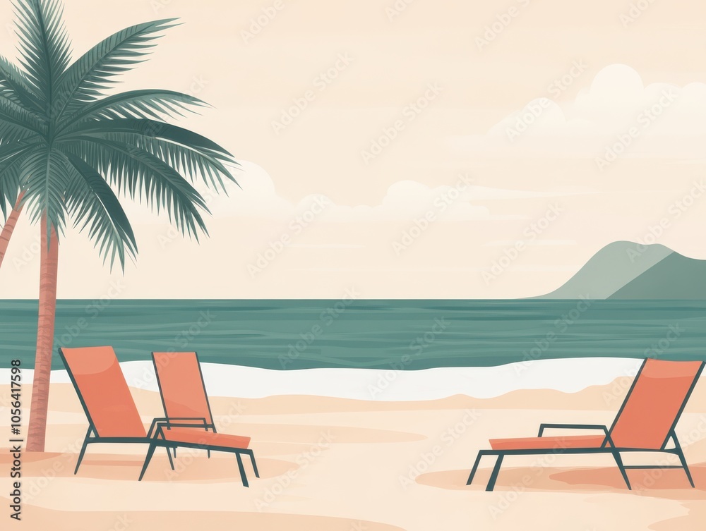 A serene beach scene featuring lounge chairs, palm trees, and gentle waves, perfect for vacation or relaxation themes. A serene beach scene featuring lounge chairs, palm trees, and gentle waves, perfect for vacation or relaxation themes.
