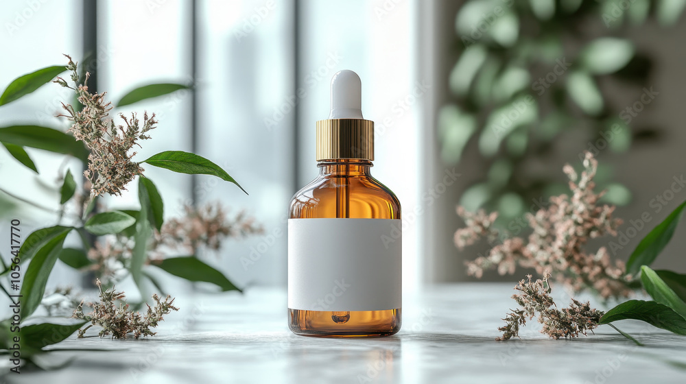 modern amber glass cosmetic oil bottle is elegantly placed on marble surface, surrounded by lush greenery and delicate flowers, creating serene and natural atmosphere modern amber glass cosmetic oil bottle is elegantly placed on marble surface, surrounded by lush greenery and delicate flowers, creating serene and natural atmosphere