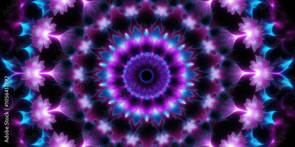Kaleidoscopic mandala, psychedelic pattern, vibrant purple and blue, fractal design, concentric circles, symmetrical floral shapes, glowing neon elements, intricate details, hypnotic effect, digital a Kaleidoscopic mandala, psychedelic pattern, vibrant purple and blue, fractal design, concentric circles, symmetrical floral shapes, glowing neon elements, intricate details, hypnotic effect, digital a